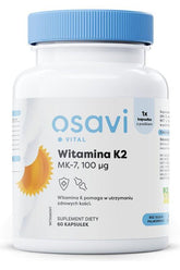 Osavi Vitamin K2 MK-7 supplement bottle with 60 capsules, supports heart and bone health.